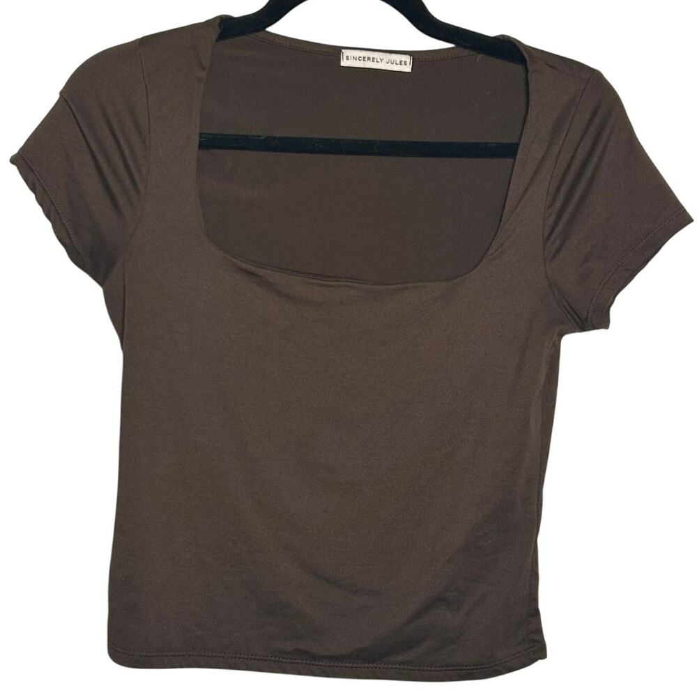 Sincerely Jules Chocolate Brown Square Neck Short Sleeve Top Minimalist Size M